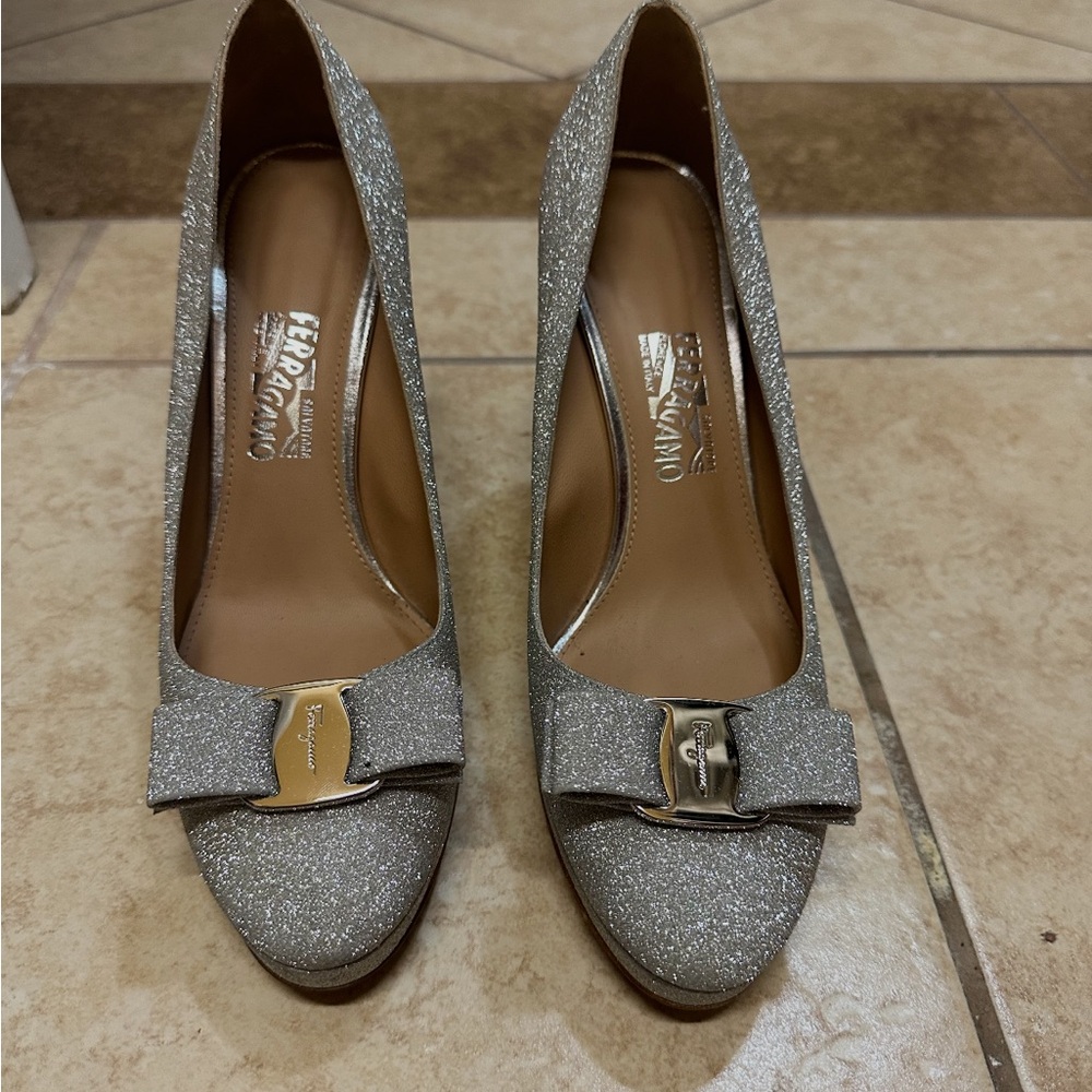 Salvatore Ferragamo Glitter Heels with Bow Accent